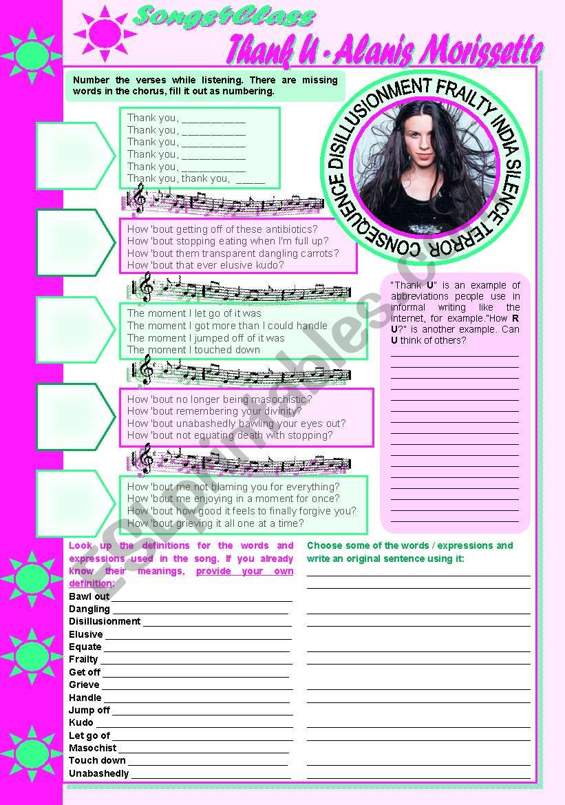 Songs4Class: Thank U â€“ Alanis Morissette (listening, vocabulary, abbreviations, giving suggestions, -ing after prepositions, prepositions practice) [9 tasks] KEYS INCLUDED ((3 pages)) ***editable